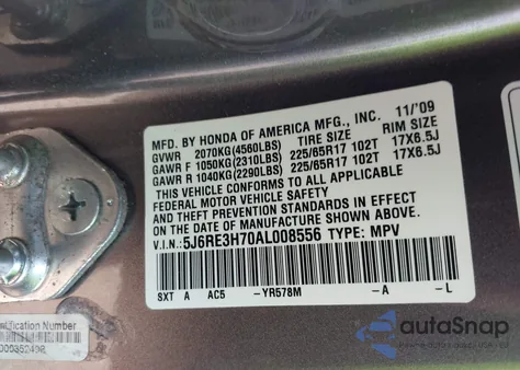 2010 Honda Cr-V Ex-L из США, поврежденный, VIN 5J6RE3H70AL008556